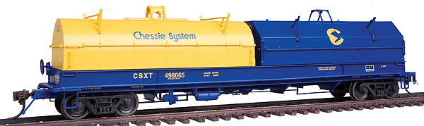 100-Ton Evans Coil Car w/Angled Hoods - Ready to Run -- CSX (blue Car, 1 Each blue Chessie Kitty & 1 yellow Chessie Hoods)