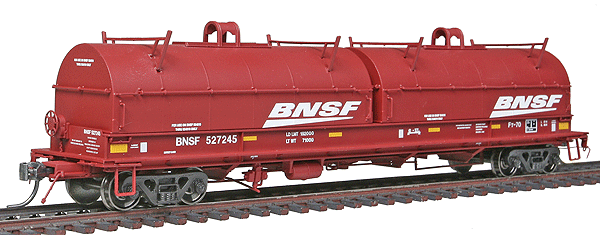 100-Ton Evans Coil Car w/Round Hoods - Ready to Run -- BNSF Railway (Boxcar Red, Wedge Logo, Yellow Conspicuity Marks)