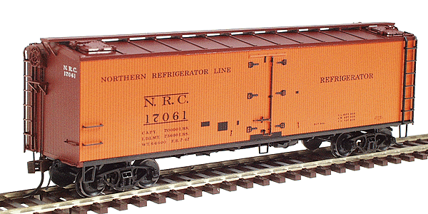 R-30-12-9 Wood Refrigerator Car - Assembled -- Northern Refrigerator Line (Reefer Orange, Freight Car Red roof & ends)