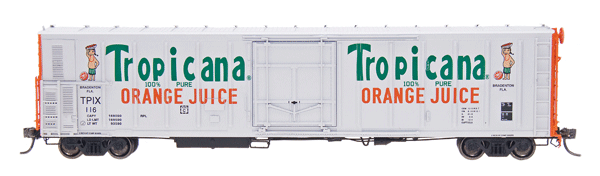 57' Mechanical Reefer - Ready to Run -- Tropicana Orange Juice (1983, white, orange Ends, 2 Figures, Curved Letterin