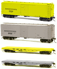 MOW 4-Car Set Assembled -- PRR Includes 2 X29 Boxcars (1 gray,1 yellow) & 2 Flatcars (1 gray,1 yellow)