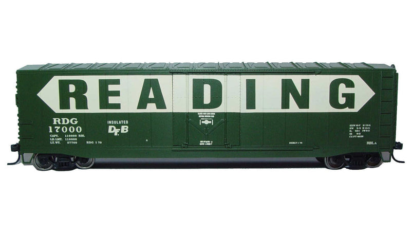 50' Plug-Door Boxcar No Roofwalk - Ready to Run -- Reading #17000 (green, yellow, Billboard Reading)