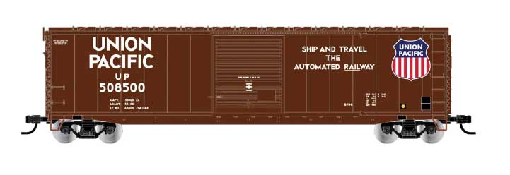 50' Single-Door Boxcar No Roofwalk - Ready to Run -- Union Pacific #508535 (Boxcar Red, Large Shield, Shop & Travel Slogan)