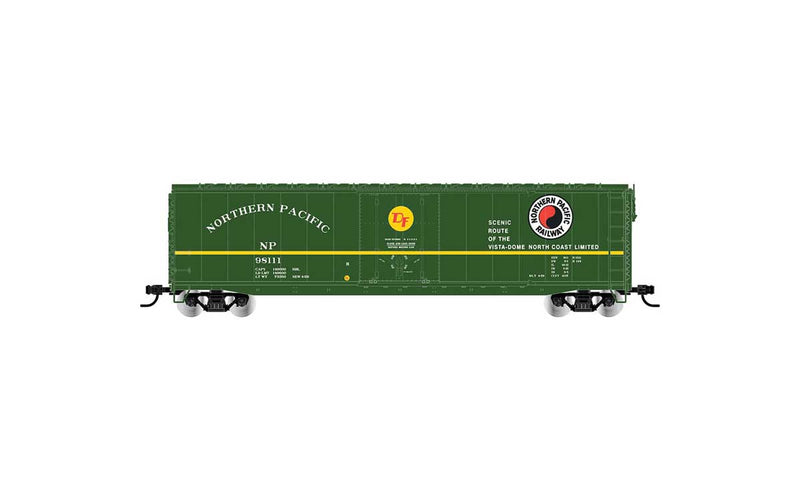 50' Plug-Door Boxcar No Roofwalk - Ready to Run -- Northern Pacific #98111 (green, yellow, North Coast Slogan, Monad)