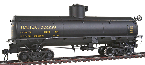 Frameless Tank Car w/On3 & On30 Wheelsets - Ready to Run -- UTLX #55338 (black, Road Oil Service Markings)
