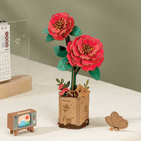 Red Camelia - Laser-Cut Wood Kit -- 3D Wooden Puzzle-1