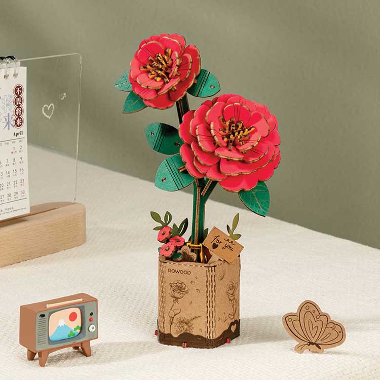 Red Camelia - Laser-Cut Wood Kit -- 3D Wooden Puzzle-2