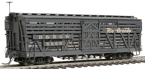 Blackstone Models(TM) 5500-Series 30' Stock Car - Ready to Run -- Denver & Rio Grande Western #5669 (Weathered, black, 1940s Flying Grande Log