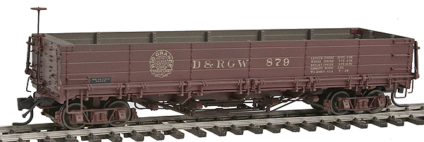 800-Series Drop Bottom Gondola, Weathered - Assembled -- Denver & Rio Grande Western #879 (Faded, Moffat Tunnel Logo)