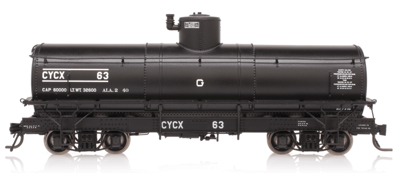 Blackstone Models(TM) DRGW Narrow-Frame Tank Car No Dome Ladder - Ready to Run -- CYCX #63 (black, white Lettering)