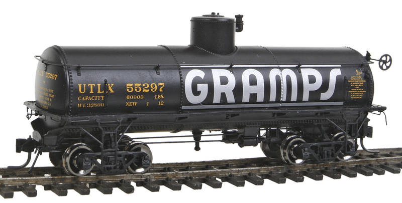 DRGW Frameless Tank Car - Ready to Run - Blackstone Models(TM) -- Union Tank Line UTLX #55297 (black, yellow Lettering, Gramps Logo)