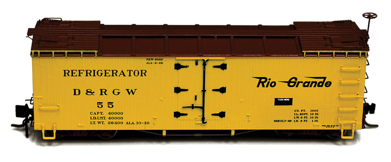 1926-Rebuilt 30' Wood Refrigerator Car - Ready to Run -- Denver & Rio Grande Western #55 (yellow, Boxcar Red; Flying Grande)