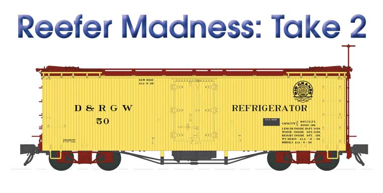 1926-Rebuilt 30' Wood Refrigerator Car - Ready to Run -- Denver & Rio Grande Western 50 (yellow, Boxcar Red, Moffat Tunnel Logo)