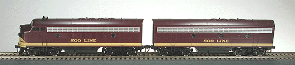 Diesel EMD F3 Phase IV/F7 Phase I Early A (Powered) B (Dummy) Set -- Soo Line (Double Headlight on A Unit, As Delivered maroon)
