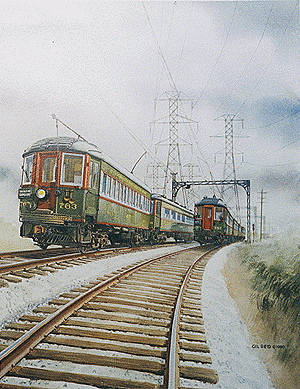 Railroad Art Print - Interurbans -- North Shore #763 w/Diner Pases #757 (8-3/4 x 11-1/4" Image - 12 x 15" Over