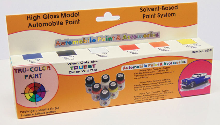 Automotive Paint Bottle Set pkg(6) - 1oz  29.6mL Bottles -- High-Gloss Standard Colors