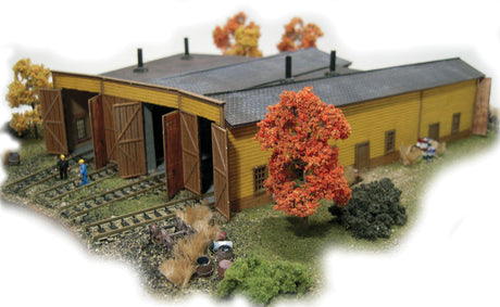 North Conway, NH Wood Roundhouse with One 7"  17.8cm & Three 5"  12.7cm St -- Laser-Cut Wood Kit - 7 x 7-3/4 x 2"  17.8 x 19.7 x 5.1cm-1