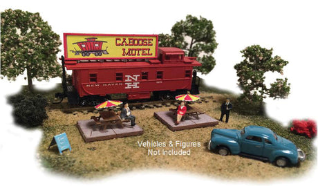 Caboose Motel with Caboose, 2 Picnic Tables, Umbrellas, Details & Billboard -- Kit - 2-3/4 x 2"  7 x 5.1cm