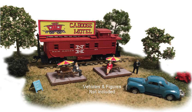 Caboose Motel with Caboose, 2 Picnic Tables, Umbrellas, Details & Billboard -- Kit - 2-3/4 x 2"  7 x 5.1cm