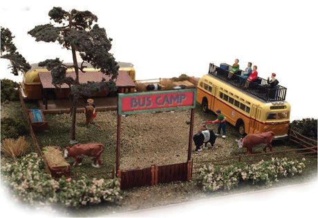 Bus Camp with 2 Repuprosed Transit Buses, Rooftop Railings, Funiture & Fence -- Kit - 4-1/2 x 4-1/4"  11.4 x 10.8cm-1