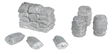 Freight Assortment -- Three Barrels, One Stack of Sacks & Three Single Sacks