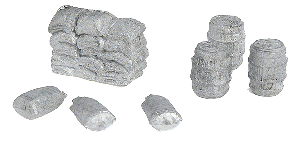 Freight Assortment -- Three Barrels, One Stack of Sacks & Three Single Sacks