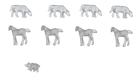 Nanse Street Models - Division of N Scale Architect - Unpainted Metal Castings -- Farm Animal Assortment (Beef Cows, Hogs, Horses) pkg(9)