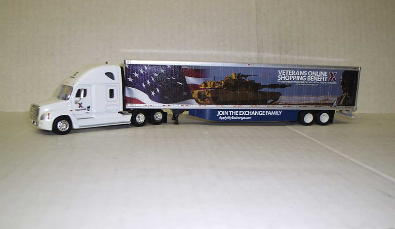 Cascadia Sleeper-Cab Tractor with 53' Dry Van Trailer - Assembled -- Exchange ("Join the Exchange Family" Slogan, U.S. Flag & Tank Graphics)