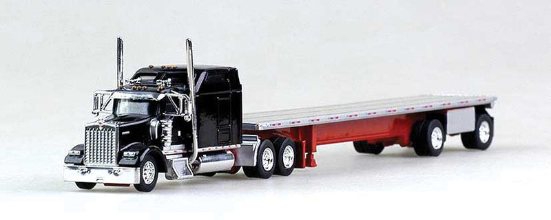 Kenworth W900L Tractor with 48' Spread-Axle Flatbed Trailer - Assembled -- Black, Red