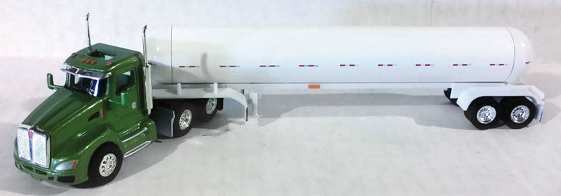 Kenworth T660 Day-Cab Tractor w/Propane Tank Trailer - Assembled -- Viper Green, White Tank w/Silver Fenders