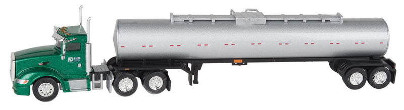 Peterbilt 386 Day-Cab Tractor w/Chemical Tank Trailer - Assembled -- Fuel Delivery (green w/Polished Tank w/black Fenders)