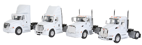 2-Axle Day Cab Semi Tractor Only 4-Pack - Assembled -- Peterbilt 386, Kenworth T660, Prostar, Cascadia
