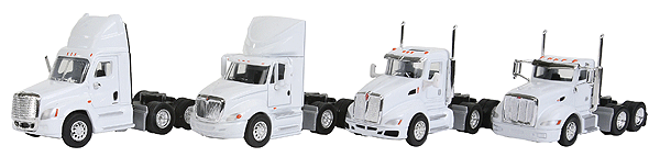 3-Axle Day Cab Tractor 4-Pack - Assembled -- Peterbilt 386, Kenworth T660, Prostar, Cascadia