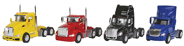 3-Axle Day Cab Semi Tractor Only 4-Pack - Assembled -- Peterbilt 386, Kenworth T660, Prostar, Cascadia