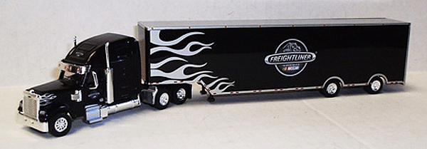 Coronado High-Roof w/Freightliner Racing Trailer - Assembled -- Freightliner (black, silver, Flames & Logo on Tractor)