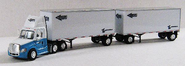 Cascadia Day Cab Semi Tractor w/2 28' Dry Van Trailers - Assembled -- Pedersen (white, blue, black Tractor w/white, black Trailer)