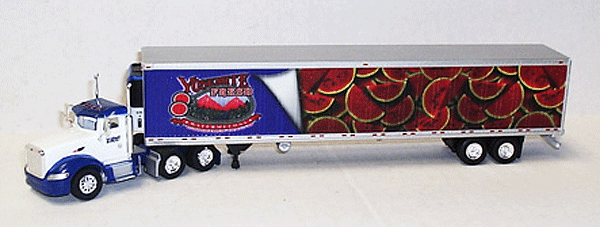 Peterbilt 386 Day Cab Semi Tractor w/53' Reefer Trailer - Assembled -- Van Groningen (white, blue Tractor, blue Trailer w/Watermelon Graphics)