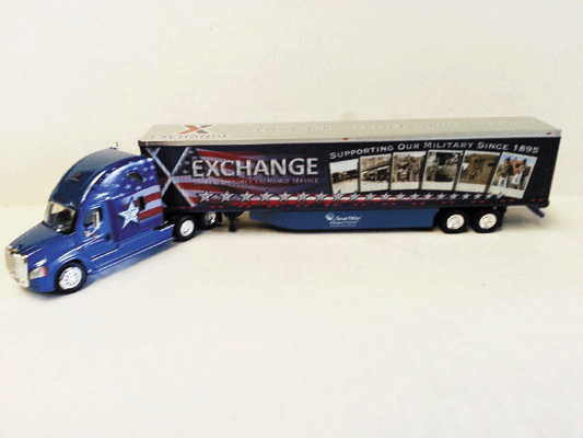 Freightliner Cascadia Sleeper w/53' Dry Van Trailer w/Skirt - Assembled -- Exchange (red, white, blue; "Supporting Military Since 1895" Color Graphic