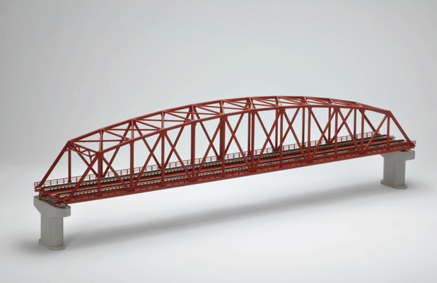 Curved Chord Through Truss Bridge w/2 Piers - Fine Track -- Assembled - Double-Track - 22"  55.9cm (red)