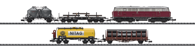 Minitrix Era III Diesel Freight Starter Set w/Track & Power Pack - Standard DC -- German Federal Railway V 160 Diese, 4 Freight Cars, Track with Turnouts