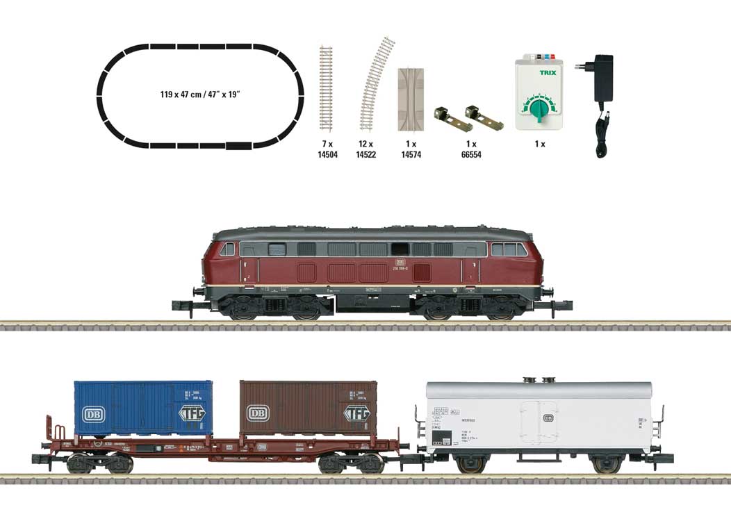 Diesel Freight Starter Set - Standard DC - Minitrix - My Hobby -- German Federal Railroad DB Class 216, 2 Cars, Track Oval, Digital Controller-2