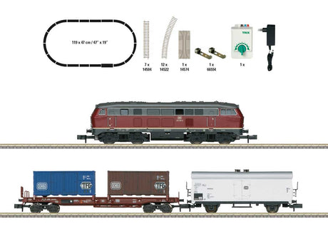 Diesel Freight Starter Set - Standard DC - Minitrix - My Hobby -- German Federal Railroad DB Class 216, 2 Cars, Track Oval, Digital Controller-2