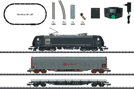 Freight Train Starter Set with Mobile Station - Sound and DCC - Minitrix -- Mitsui Rail Capital Europe MRCE 185.1, 2 Cars, C-Track Oval, Mobile Station-1