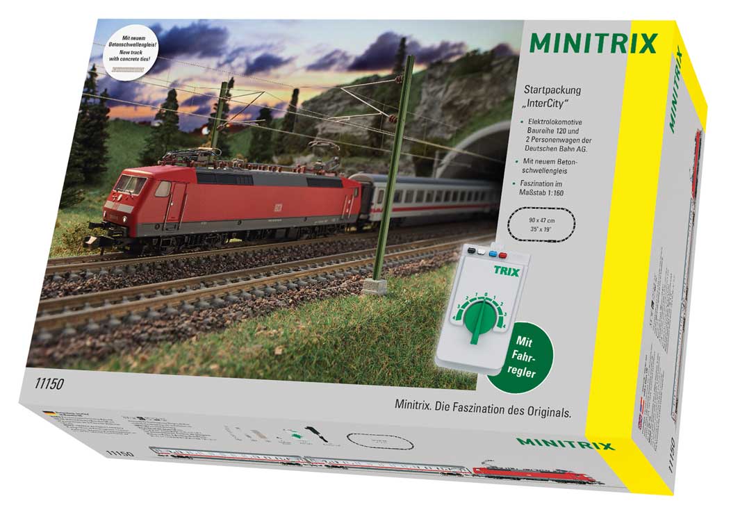 Intercity Passenger Train Starter Set - Standard DC - Minitrix -- German Federal Railway - Class 120, 2 Cars, Track Oval, Power Pack-1