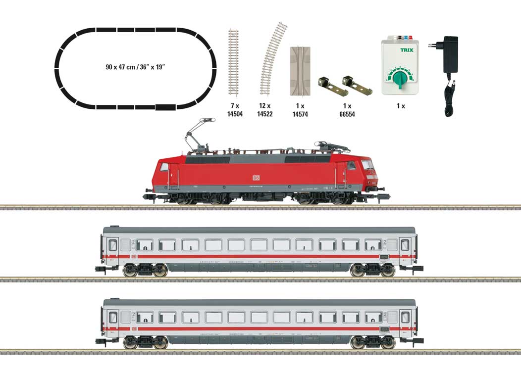 Intercity Passenger Train Starter Set - Standard DC - Minitrix -- German Federal Railway - Class 120, 2 Cars, Track Oval, Power Pack-2