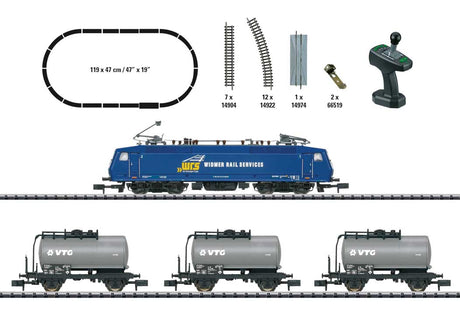 Class 120 Freight Train Starter Set - DCC - Minitrix -- Widmer Railservices WRS Loco, 3 VTG Tank Cars, Track Oval, Wireless Controll-2