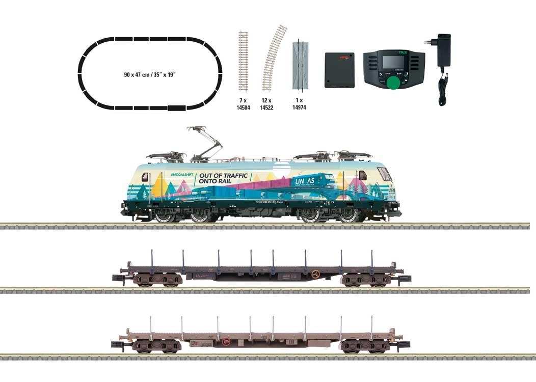 Freight Train Starter Set - Sound and DCC -- Railpool/Lineas Electric, 2 Stake Cars, Track Oval, Mobile Station-2