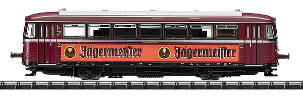 Minitrix Class VT 54 Diesel Rail Bus/Railcar - Standard DC -- Kahlgrund-Verkehrsgesellschaft mbH (Era IV 1970; red, Jagermeister Banner)