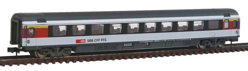 Type Apm EuroCity 1st Class Coach - Ready to Run - Minitrix -- Swiss Federal Railways SBB/CFF/FFS (Era VI; white, gray, red, yellow)