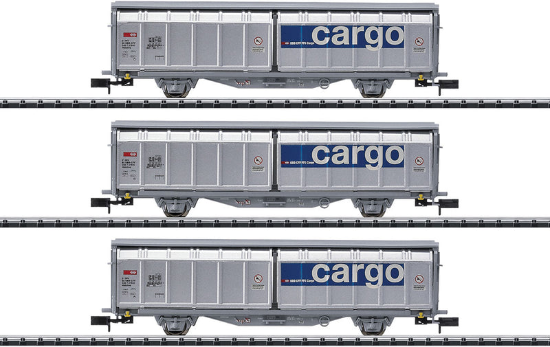 Type Hbbillns Sliding-Wall Boxcar 3-Pack - Ready to Run - Minitrix -- Swiss Federal Railways SBB (Era VI; silver, blue; Cargo Logo)